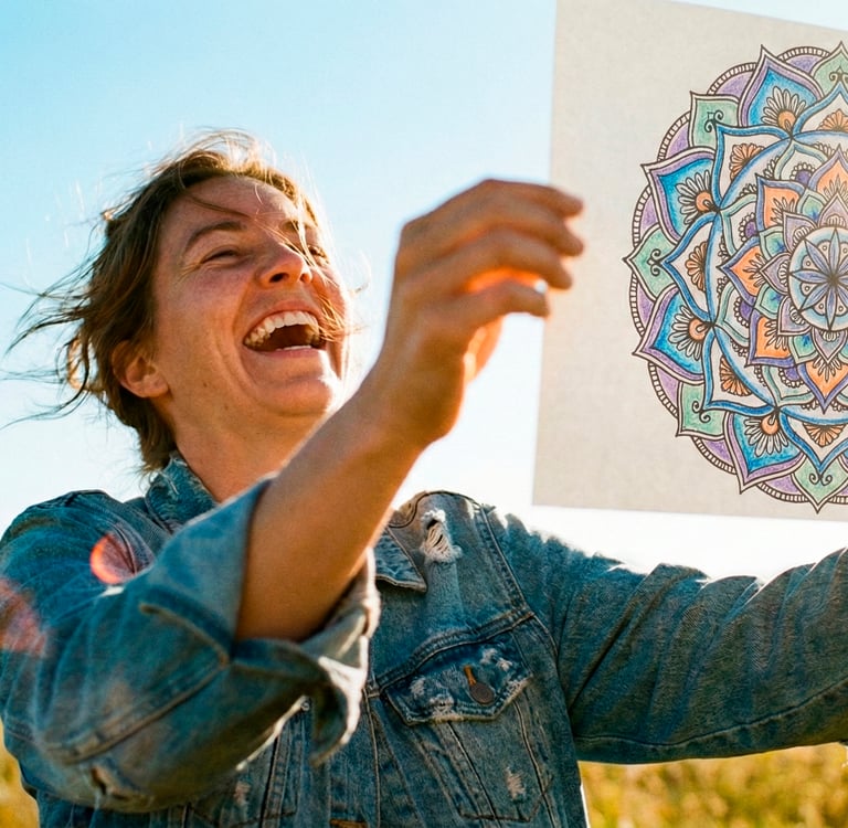 Uma mulher participa de uma seção de arte-terapia e sorri ao mostrar o resultado do seu progresso.