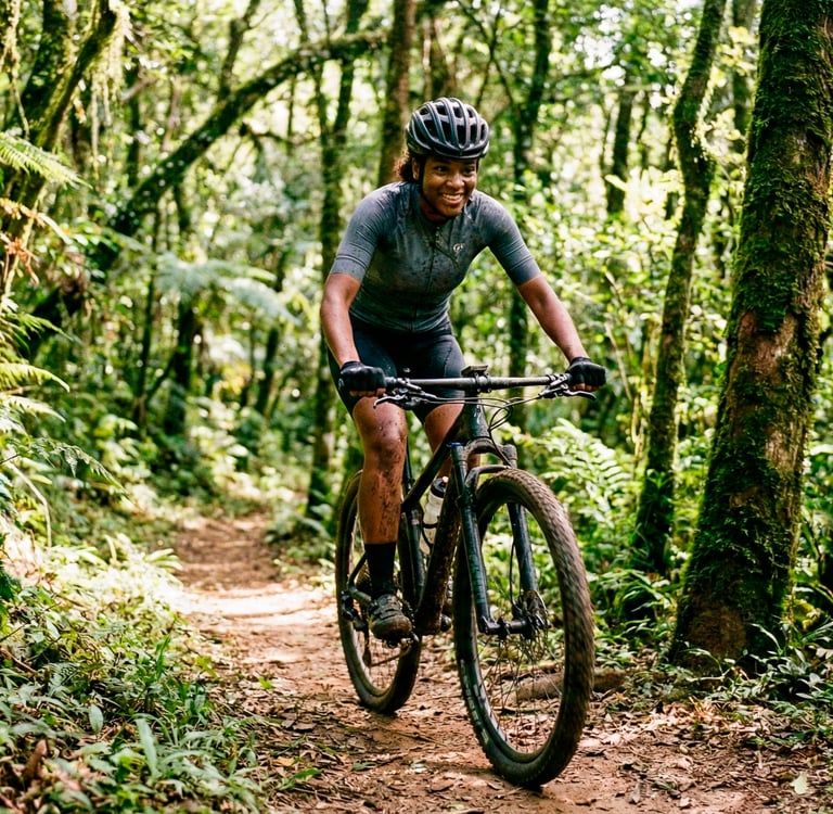 Uma pessoa pedala a bicicleta por uma trilha entre a floresta.