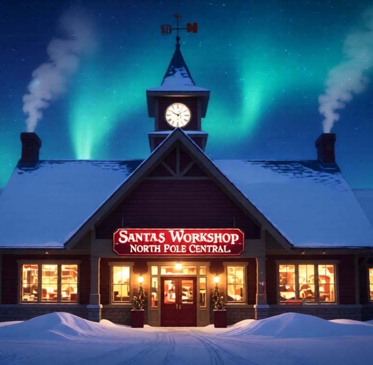 Illustration of Santa's Workshop at North Pole Central with Northern Lights in the sky.