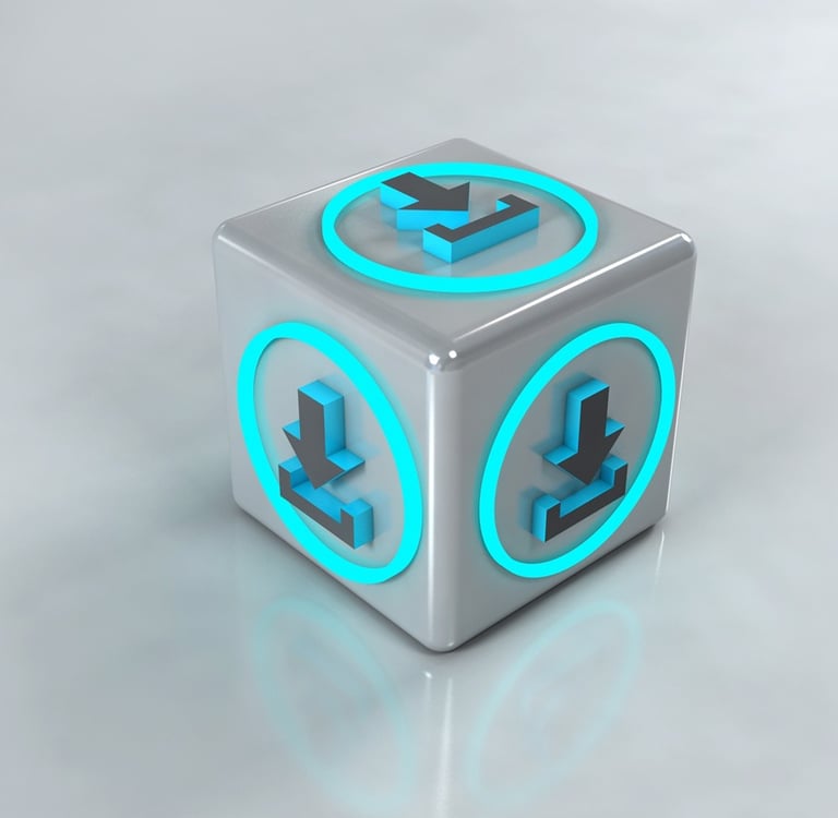 A 3D metallic cube featuring glowing blue neon download icons on each side.