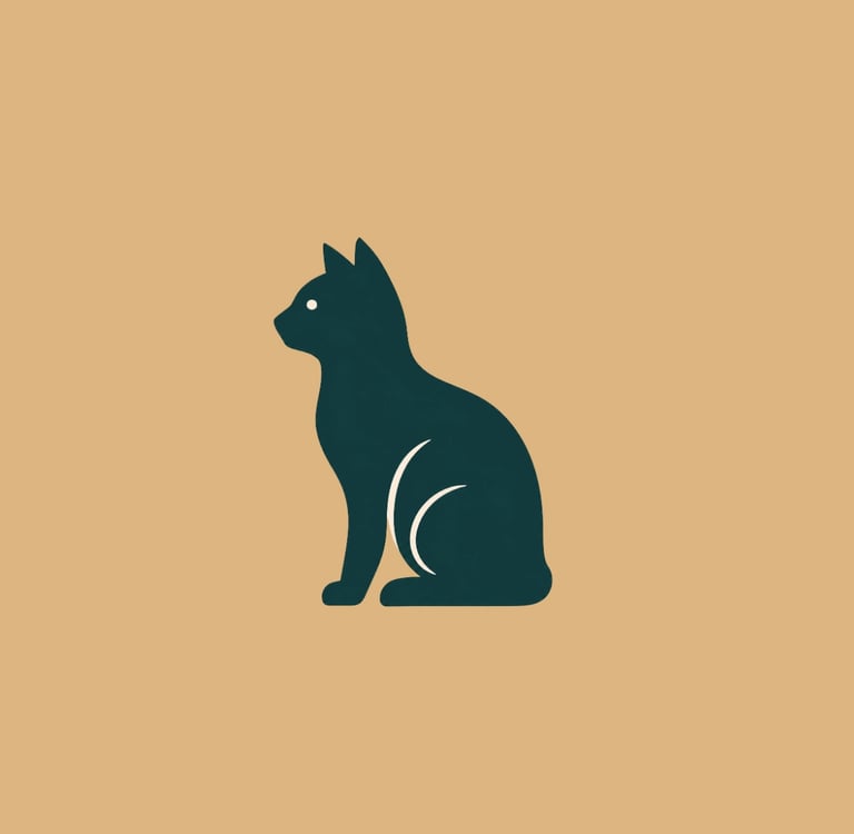Minimalist dark green cat silhouette logo sitting upright on a tan beige background.
