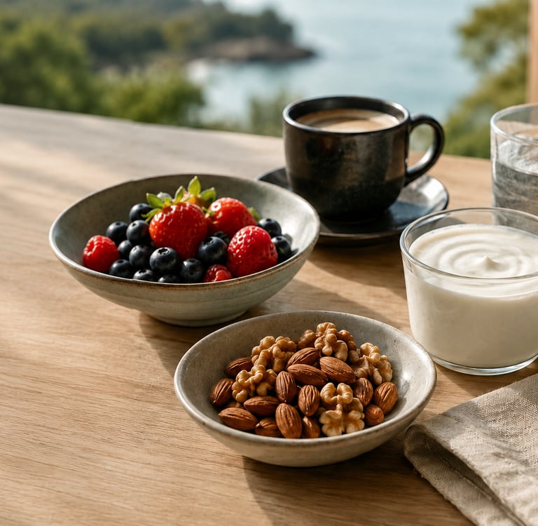 Collation RPL+ avec du fromage blanc, des noix et amandes, des fruits rouges et un café.