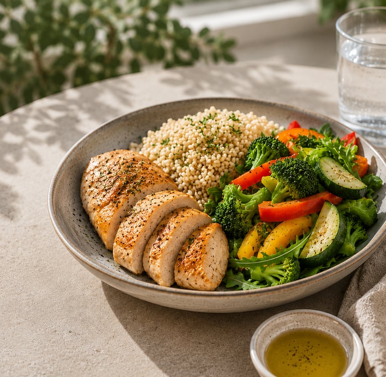 Déjeuner RPL+ équilibré avec protéines, quinoa, légumes et huile d'olive.