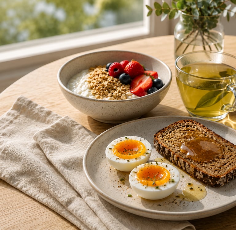 Un petit déjeuner équilibré et plein d'énergie avec des oeufs, tartines de sarrasin et miel, du thé vert, fruits rouges