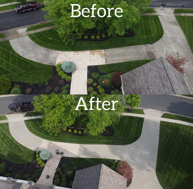Before and after aerial view of a clean driveway following professional pressure washing services.