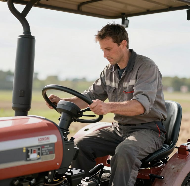 Two white mechanics in black gloves repairing a car engine outdoors near a green farm field.
