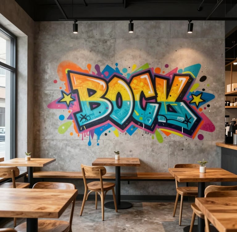 Vibrant custom graffiti wall mural inside a modern cafe interior designed by Kiroula Arts