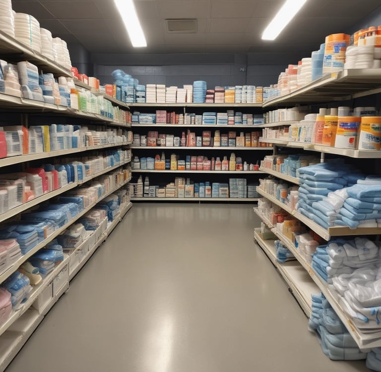 Stack of colorful disposable gloves and masks displayed on a wooden table