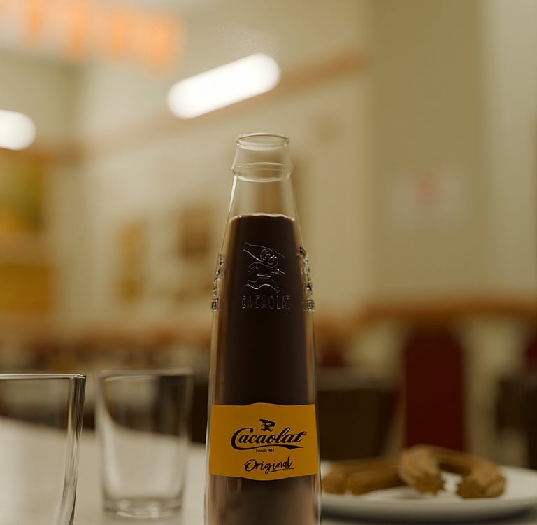 Cacaolat en una mesa con churros en la Granja M. Viader.
