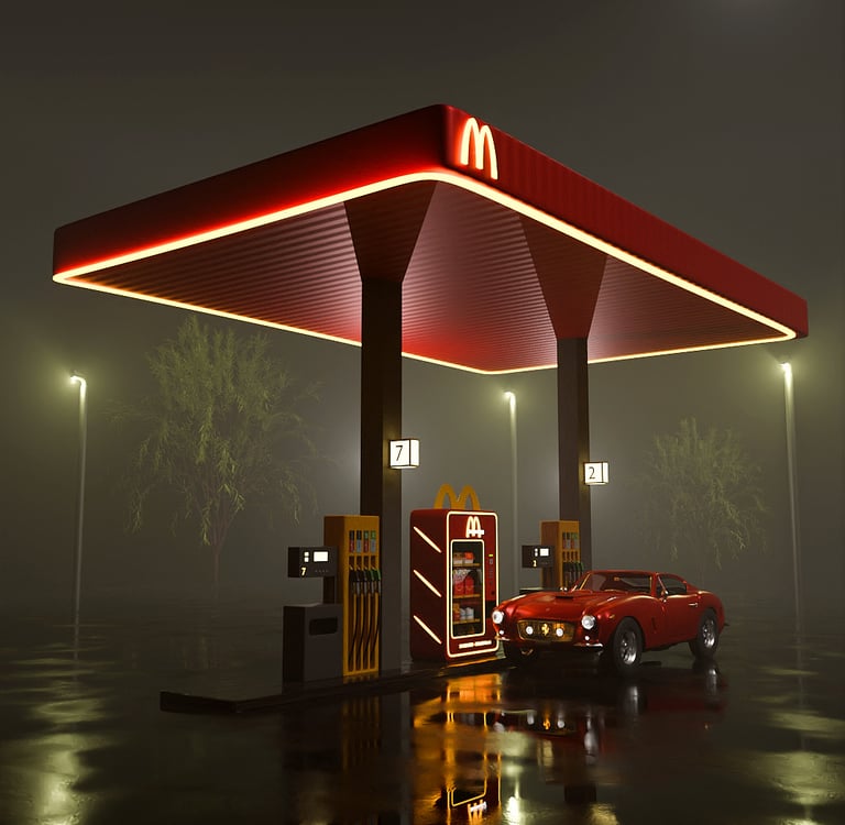 Gasolinera de McDonald's, con un coche, el suelo mojado y la máquina expendedora de la marca.