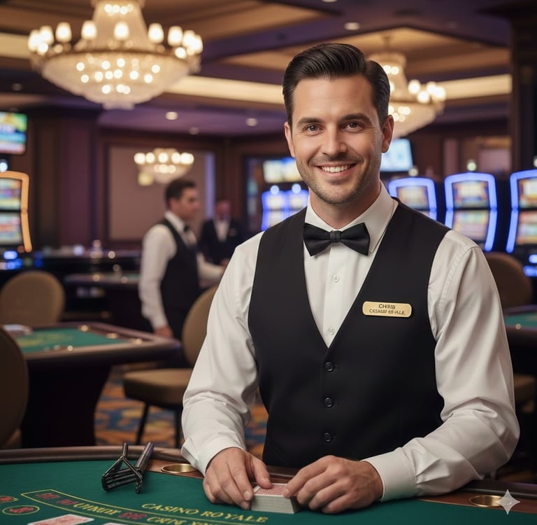 Smiling Male Casino Dealer in tuxedo