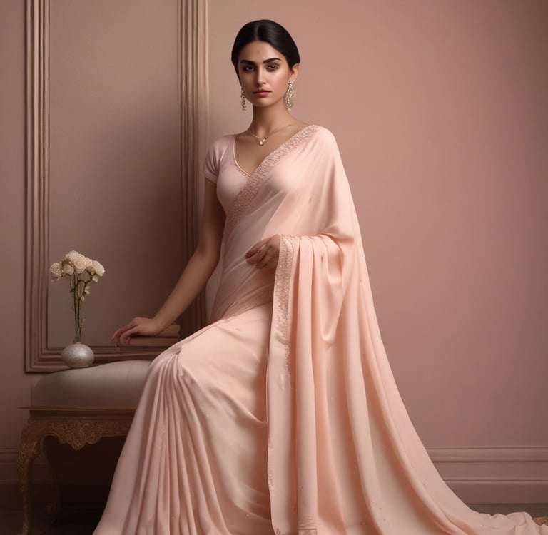 A graceful model draped in a flowing saree, posing softly against a minimalist backdrop.