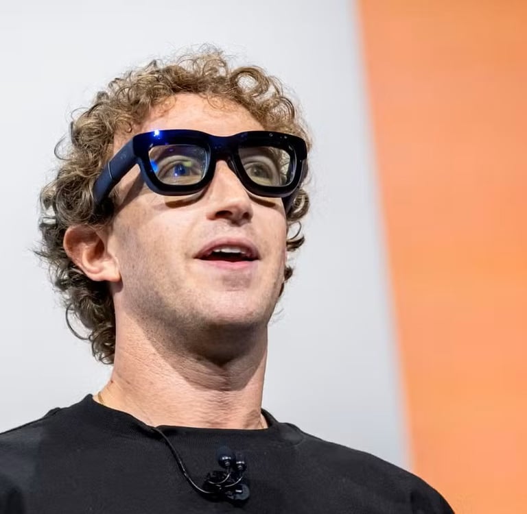 Mark Zuckerberg wearing Orion AR smart glasses prototype during a Meta Connect keynote presentation.