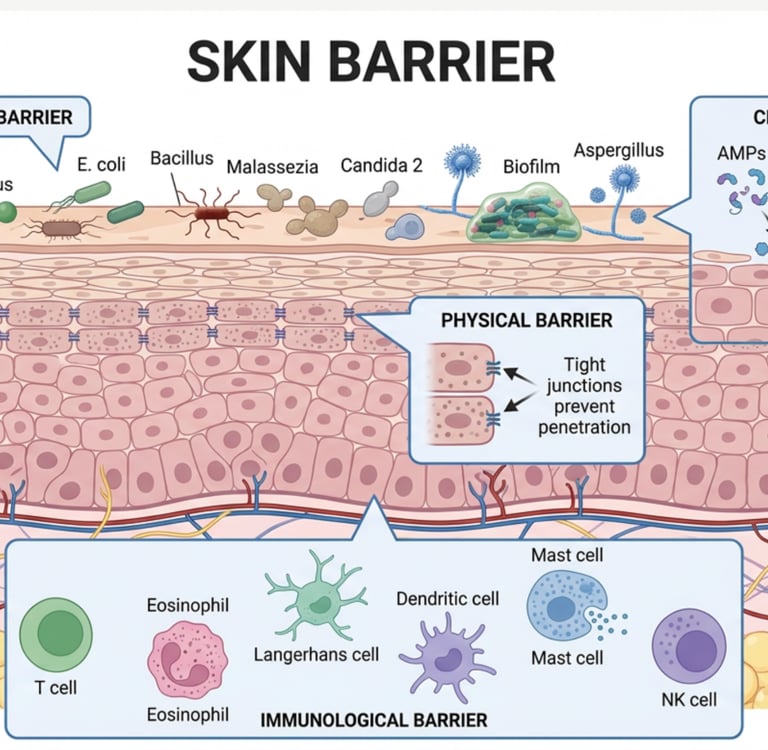 Clean diagram showing skin barrier layers: stratum corneum, lipid bilayer, keratinocytes as bricks a