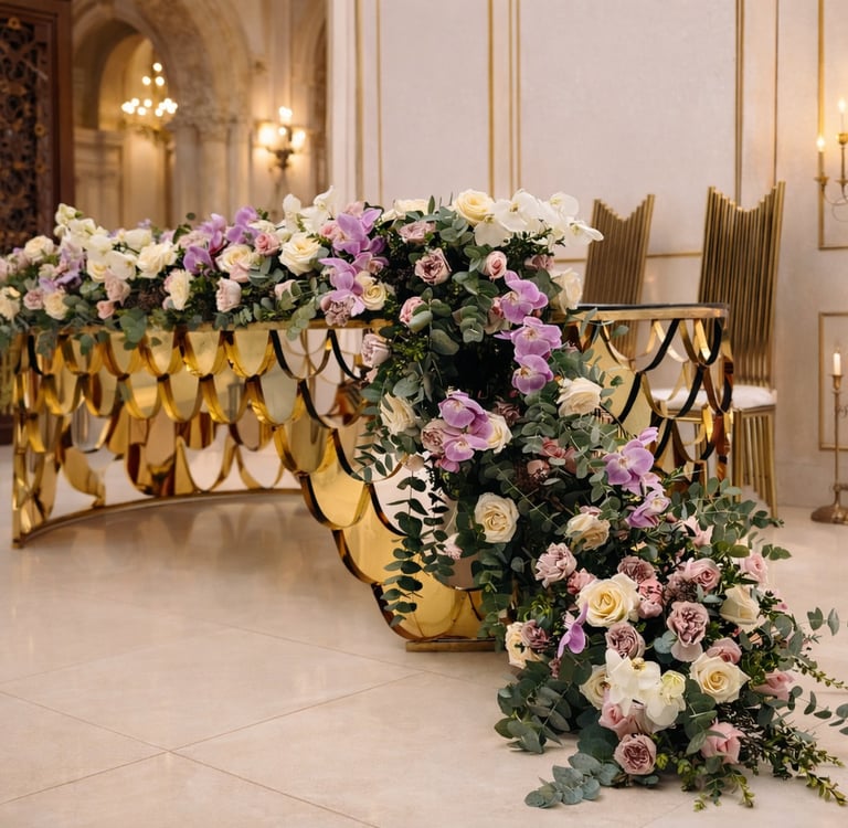 Mesa principal de boda en tono dorado, elegante decorada con arreglo en cascada de rosas y orquideas
