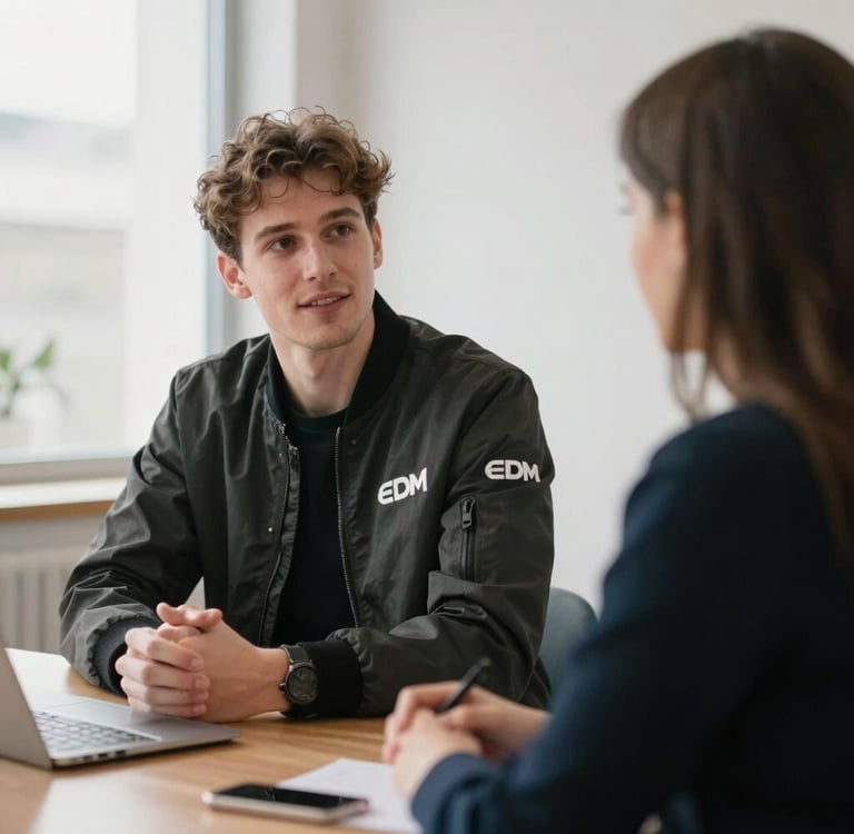 A friendly electrician from EDM Bau discussing plans with a client in a bright, modern workspace.