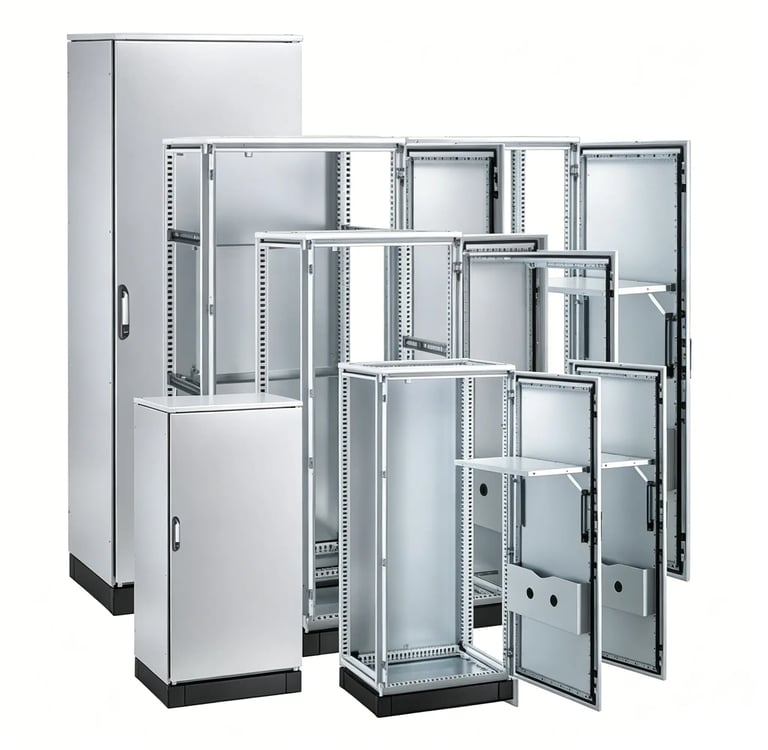 Various sizes of modular industrial electrical enclosures and server rack cabinets in gray steel.