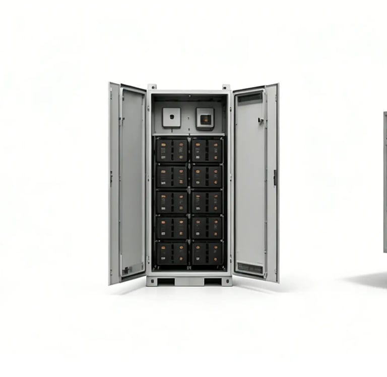 Industrial battery storage cabinets and electrical enclosures for renewable energy systems.