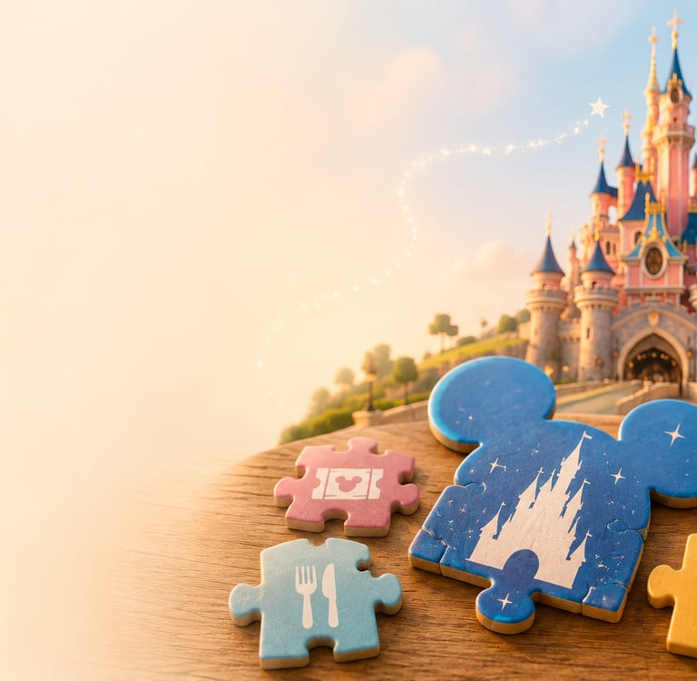 Disney vacation planning puzzle pieces in front of the Sleeping Beauty Castle at Disneyland Paris.