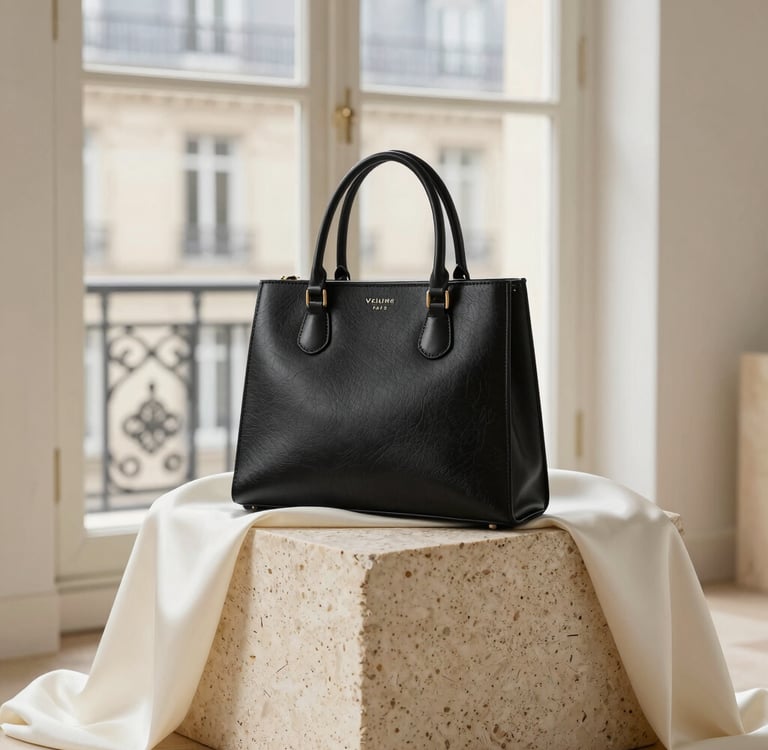 Velune Paris women's structured black leather tote handbag with gold hardware luxury fashion