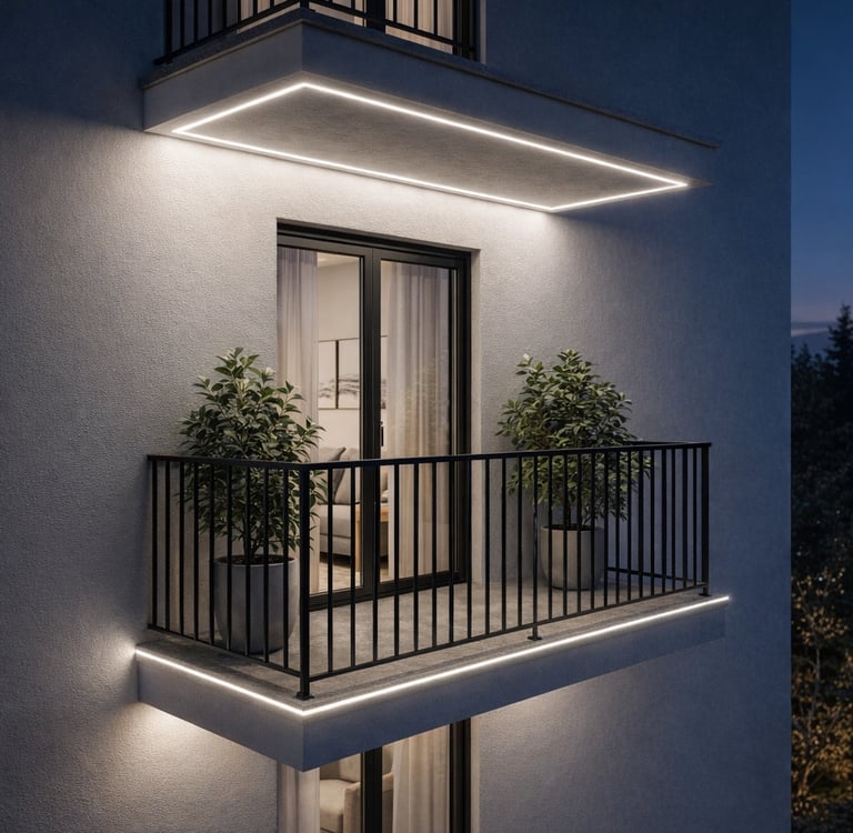 Detalle de fachada: perfil LED de empotrar en voladizo y luz indirecta.