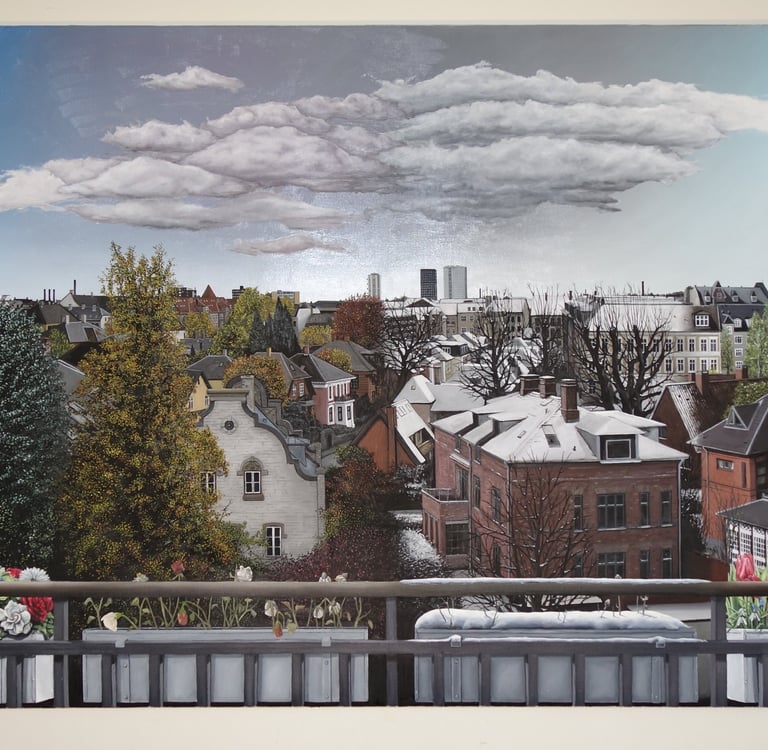 Panoramic cityscape oil painting of a European town with rooftop gardens and fluffy clouds.