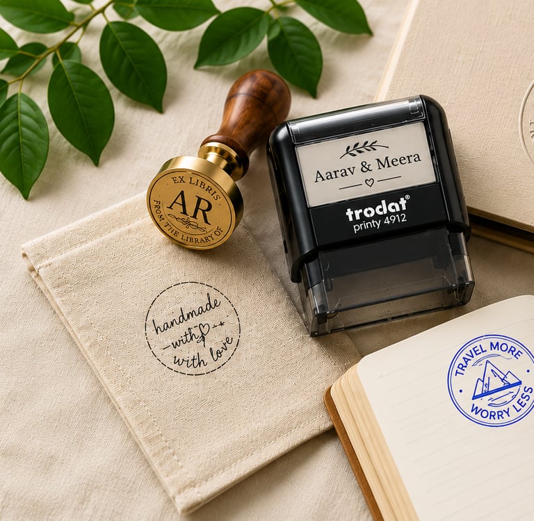 Personalized stamp, library embosser, and travel journal arranged on a neutral background with custom impressions & monogram.