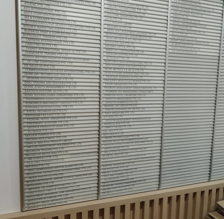 signboard with registered office names care of Questor Management Pte Ltd in Singapore