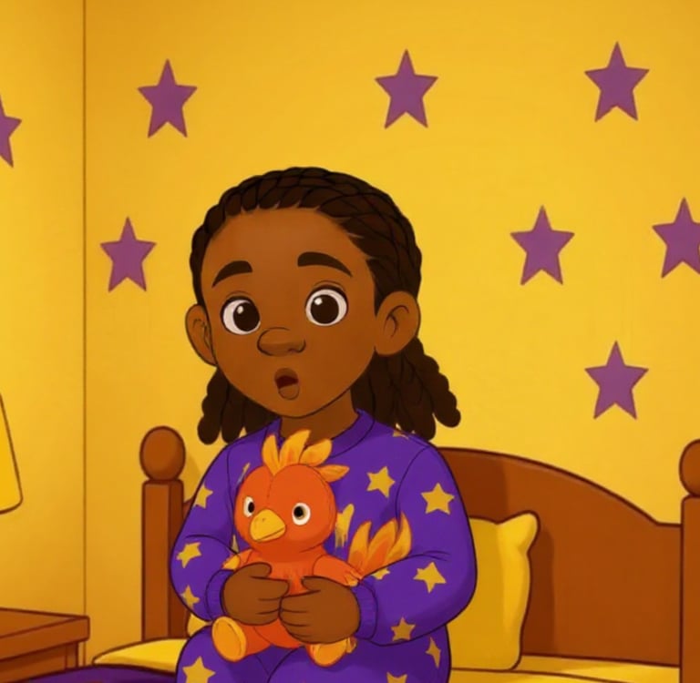 Young black girl holding her plushie phoenix while sitting on her bed