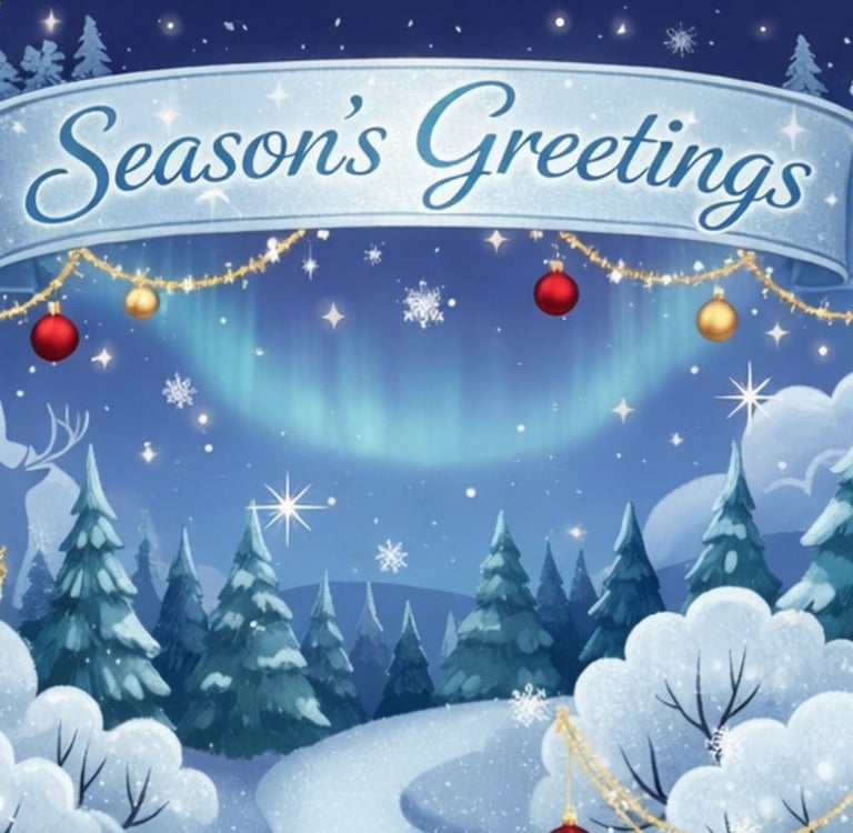 Xyla and Xenya Norriewood winter landscape with christmas. trimmings and forest animal silhouettes