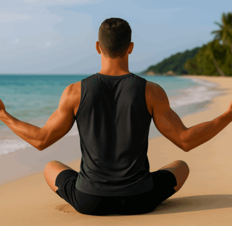 Rick Silvia sitting on a beach in a yoga pose