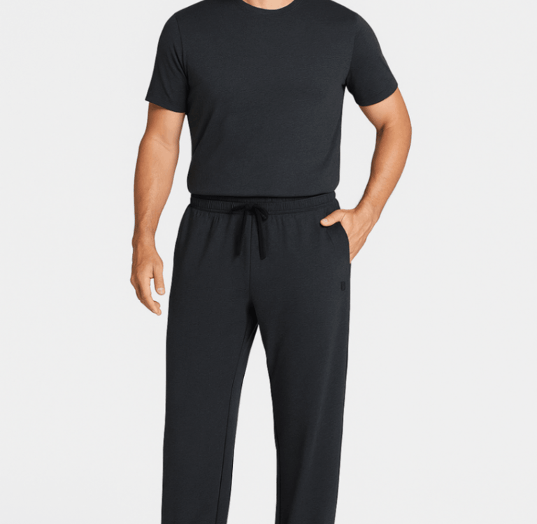 a man in a black shirt and Baleaf cotton sweatpants