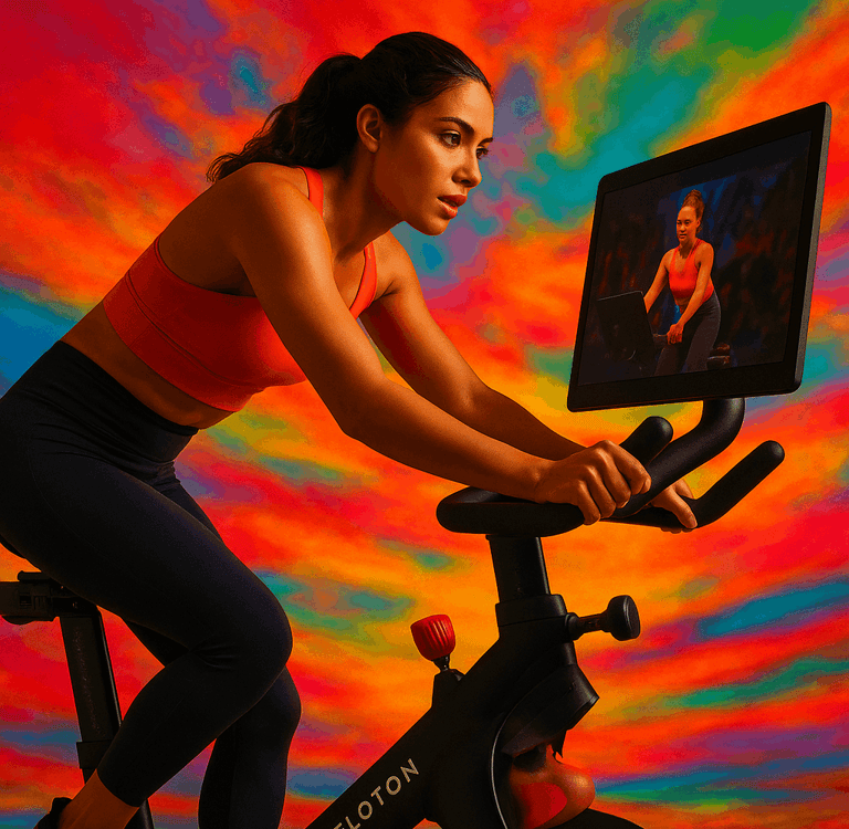a woman is riding a Peloton Bike+ in a brightly colored background
