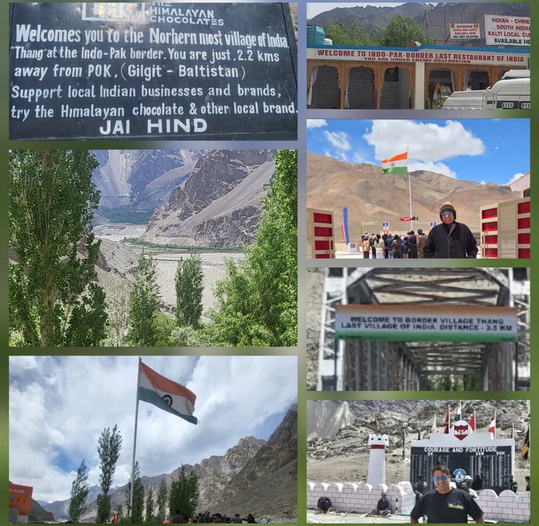 Collage of Thang - Last Village Of India, Rezang La war memorial at Ahir Dham, Chushul; at left is t