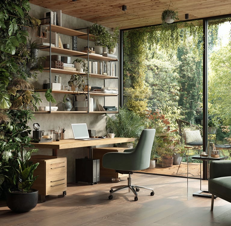 a home office, a wooden floor and a large window facing a garden