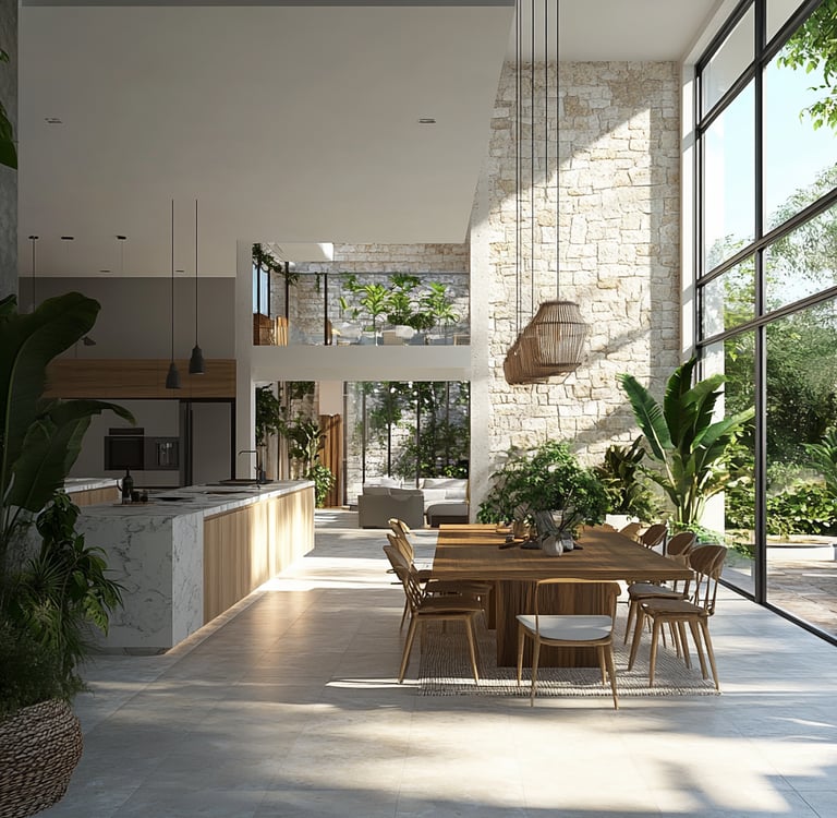 an open space with a kitchen island and a table and chairs