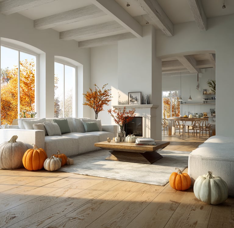 a living room with fall decor and pumpkins