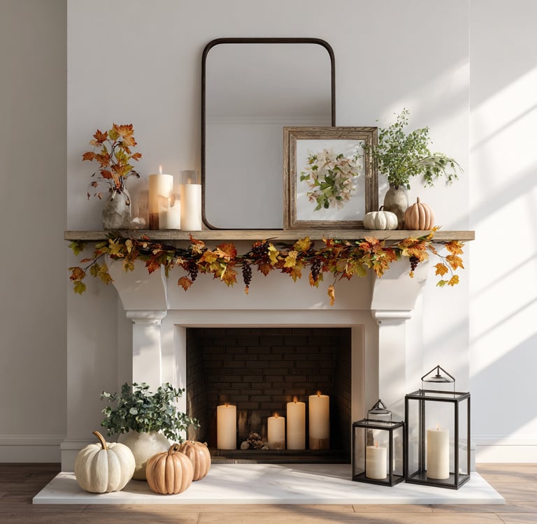 a fireplace with candles and garland on a mantle