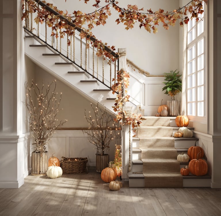 a staircase way with pumpkins and autumn garlands
