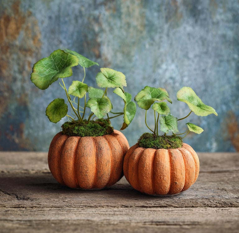 two small pumpkins with plants growing in them