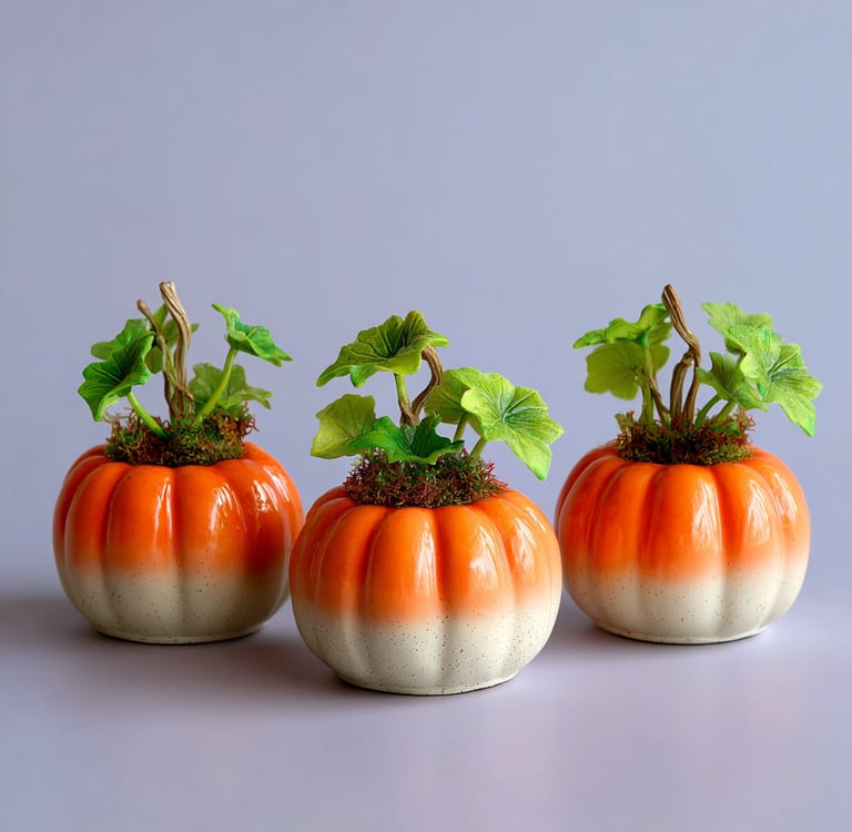three ceramic pumpkins with plants growing in them