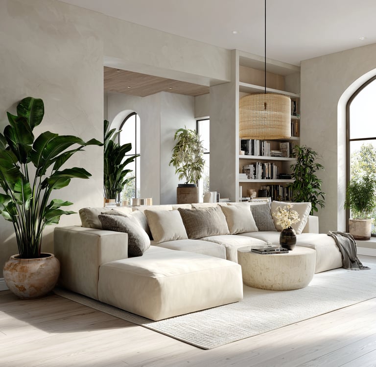 a living room with a couch, plants and a large window