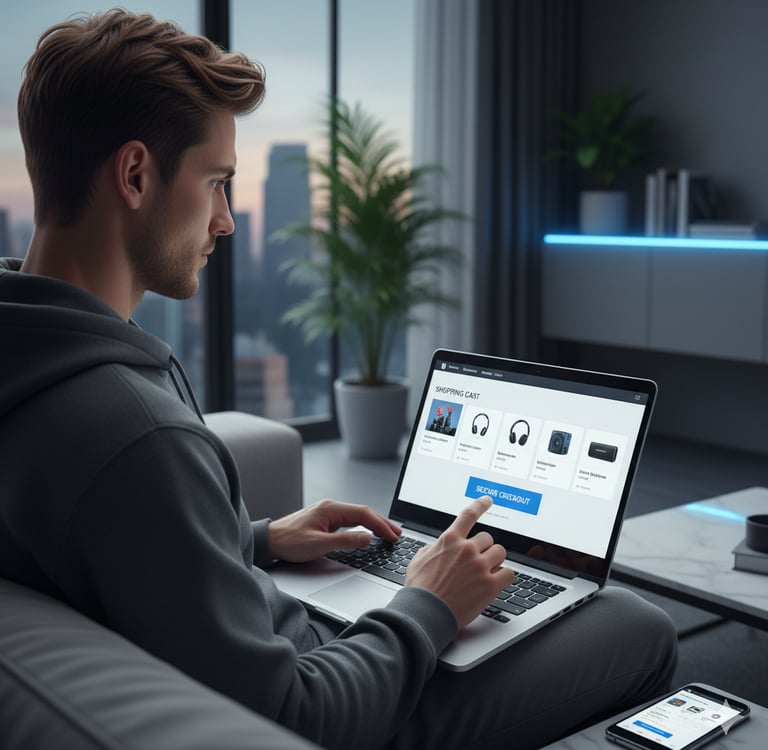 Seorang pelanggan berbelanja online melalui laptop di sofa, layarnya menampilkan keranjang belanja.
