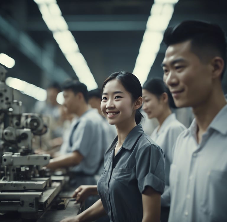 a woman in a factory with a man in a factory