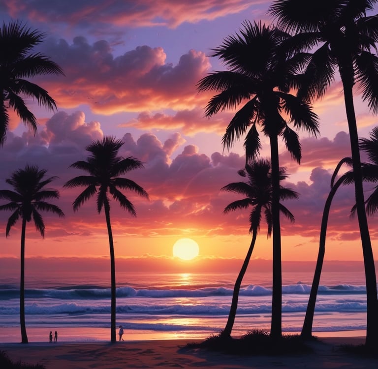 A family stands on a boardwalk by the water, silhouetted against a dramatic sky with large, fluffy clouds. Palm fronds are visible on the left, and overwater bungalows are seen in the background, evoking a tropical paradise.