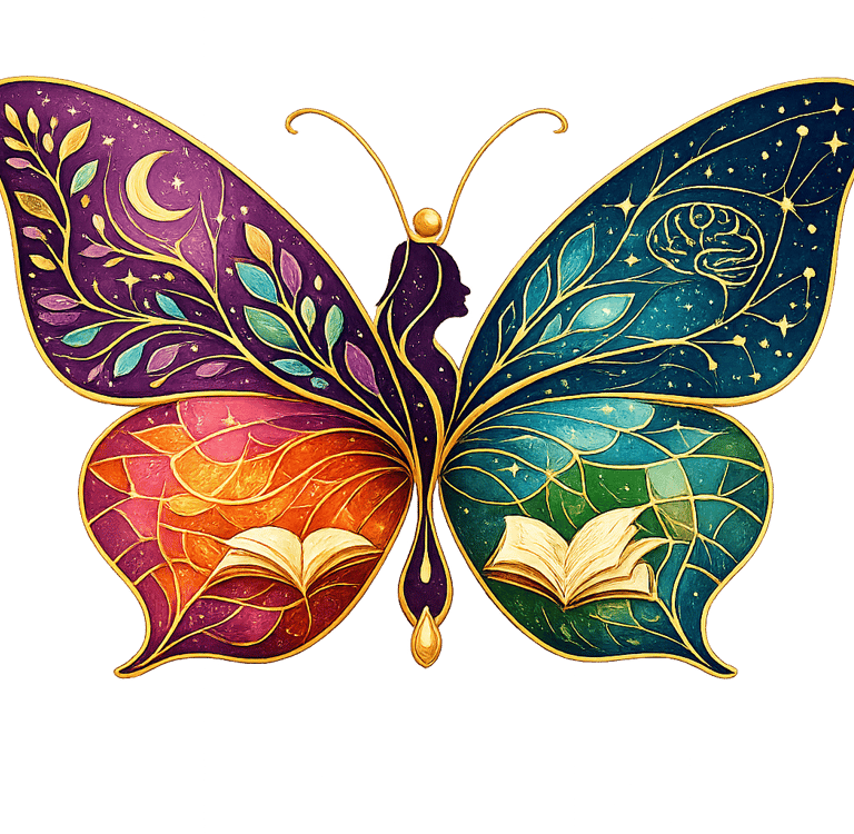 Uma obra de arte colorida em forma de borboleta, apresentando símbolos celestiais e livros abertos e