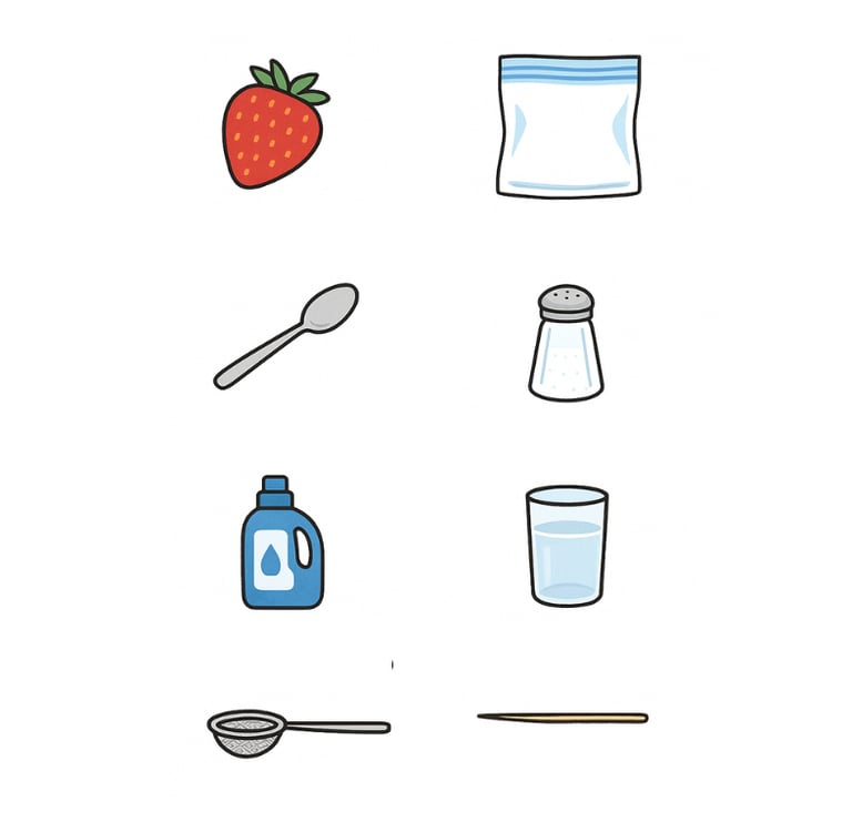 strawberries, spoon, glass of salt, water, strainer