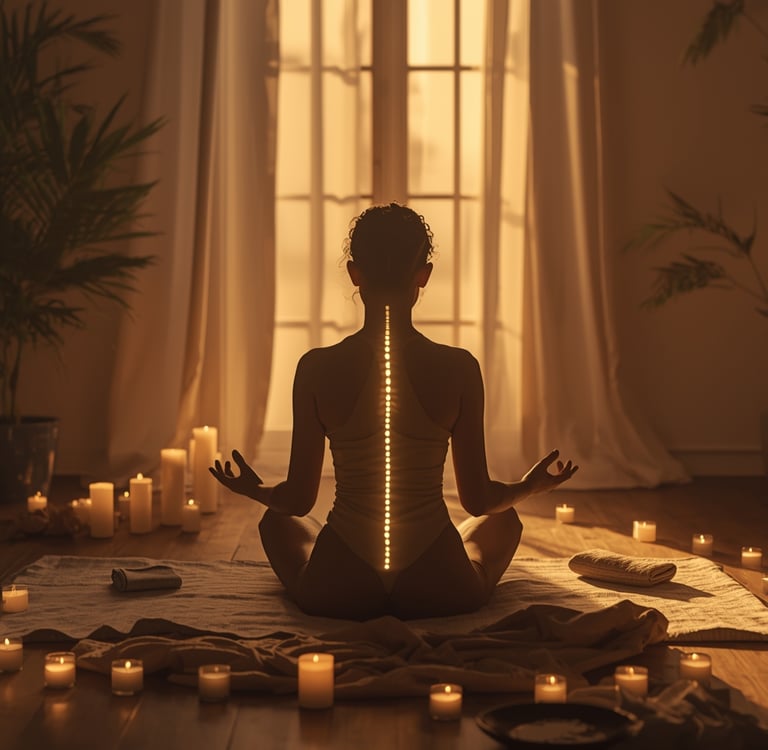 Pessoa em estado meditativo com sensação de energia ao longo da coluna representando o despertar da kundalini.