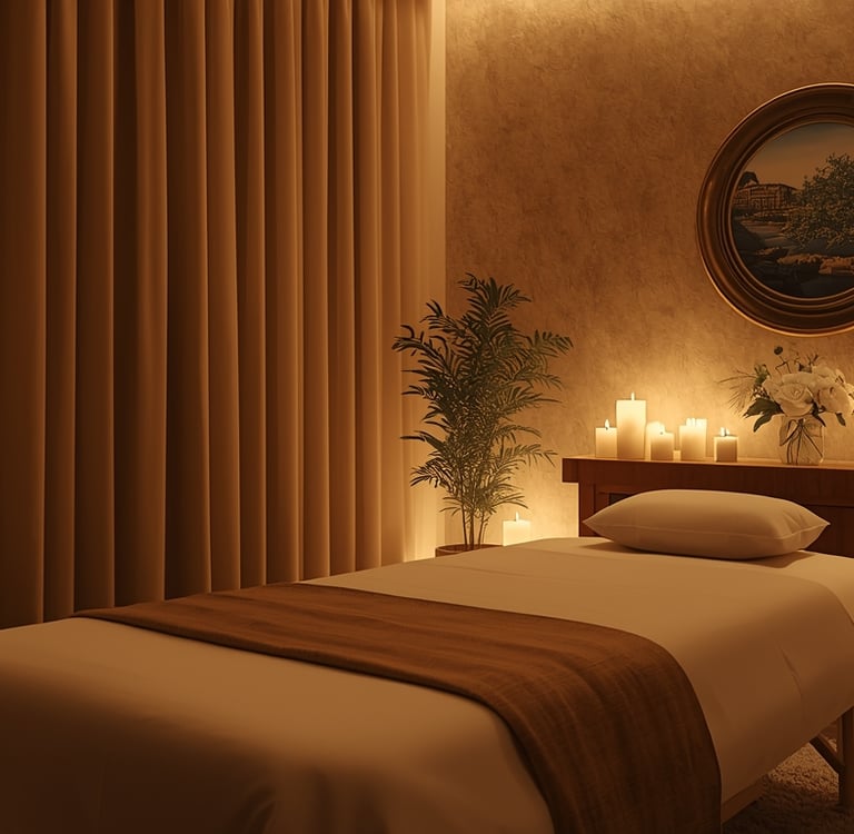 Ambiente elegante preparado para sessão de massagem erótica no Porto com iluminação suave e atmosfer
