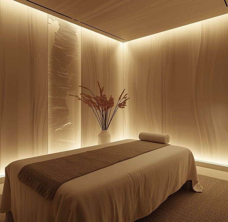 Ambiente sofisticado preparado para sessão de massagem Nuru no Porto com iluminação suave e atmosfera relaxante.